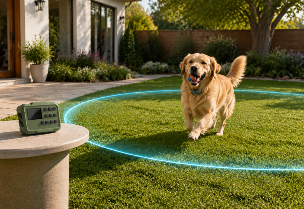 A family dog playing freely in a suburban backyard with a GPS wireless fence boundary ring faintly visible at the perimeter — the classic residential use case for Wellturn containment systems.