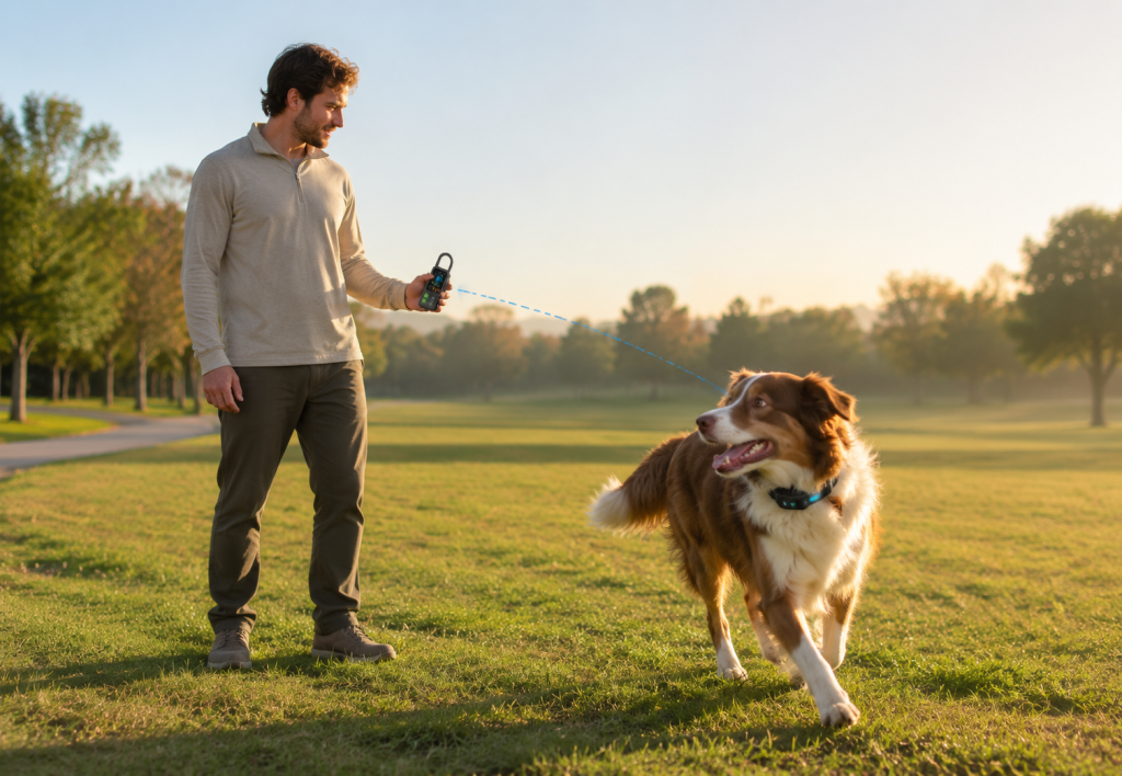 Dog owner using a remote training collar to correct off-leash behavior in an open field — illustrating behavior management use cases for Wellturn training and bark control products.