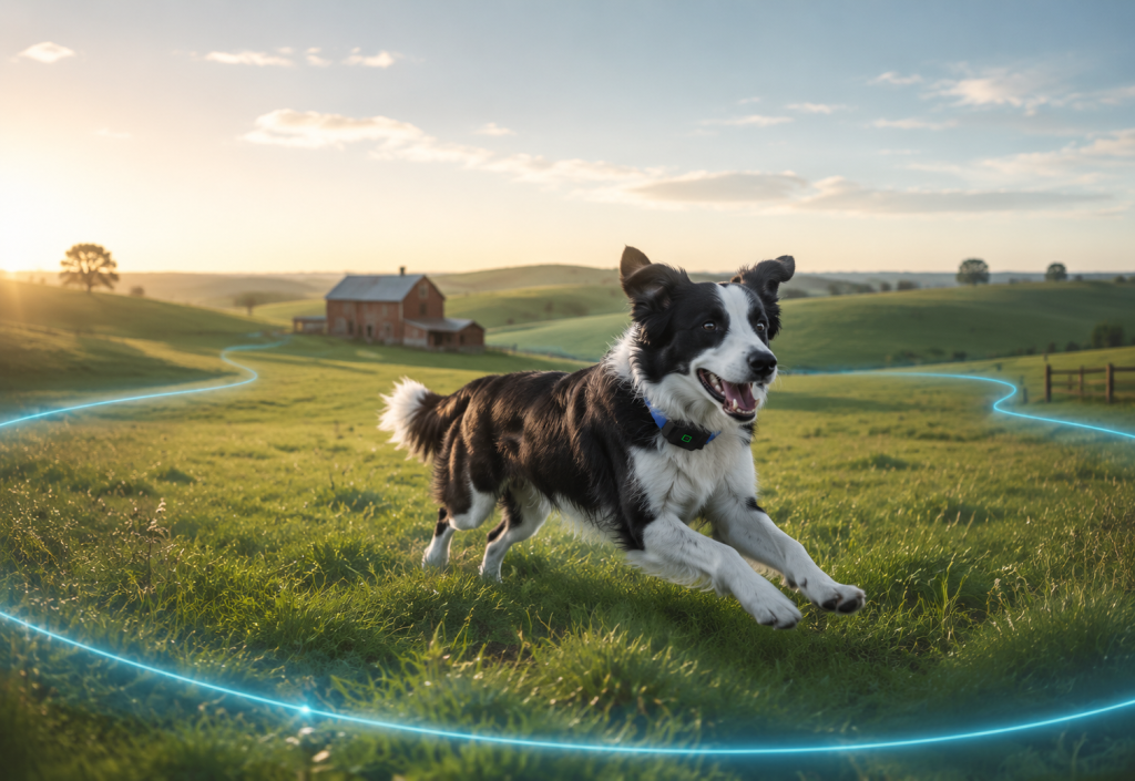 Working dogs patrolling a large farm property outlined by a long-range GPS containment boundary — Wellturn's farm and ranch containment solution for rural and large-property deployments.