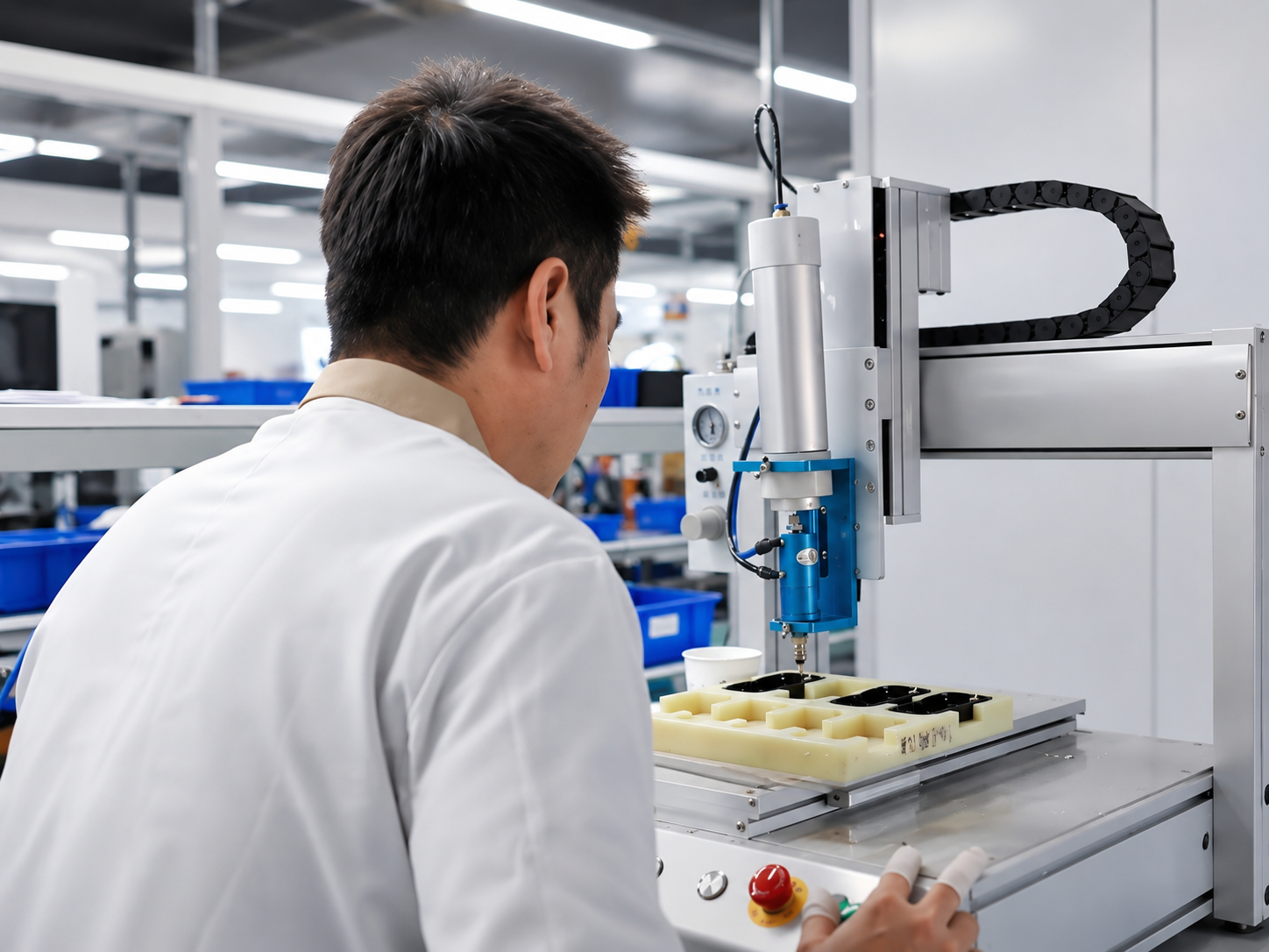 Clean, well-lit electronics assembly workshop inside the Wellturn pet electronics factory — showing SMT lines, workbench organization, and standardized production environments for OEM manufacturing.