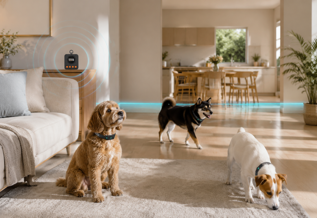 Three dogs in a shared home environment managed by a single Wellturn indoor boundary system — multi-pet containment and per-pet boundary customization for households with multiple dogs.