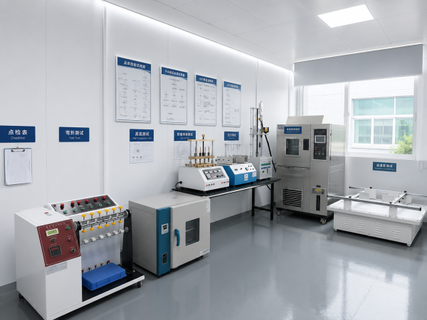 Wellturn quality inspection laboratory equipped with battery testing units, constant temperature and humidity test chambers, high-temperature ovens, fold-test rigs, key-press life testers, and pull-strength testers — ISO 9001-aligned incoming and outgoing quality control for pet electronics.