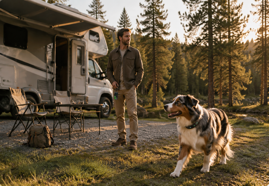 Dog traveling with its owner in an RV at a scenic campsite, accompanied by a portable GPS pet fence — Wellturn's portable containment solution for travel, camping, and mobile lifestyles.