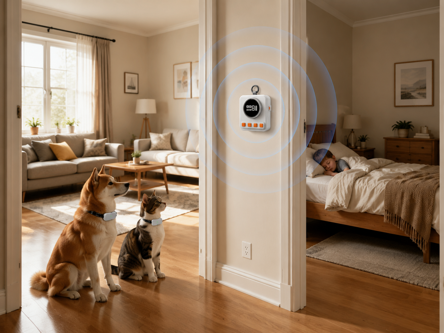Dog and cat inside a modern home approaching a no-go zone marked by an indoor pet boundary transmitter — demonstrating Wellturn's indoor pet containment and room-protection use case.