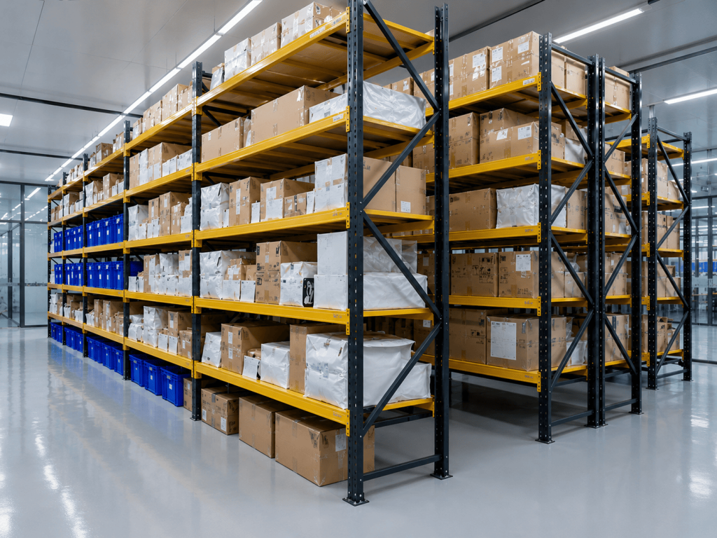 Organized modern warehouse aisles with palletized pet containment products ready for export — illustrating Wellturn's logistics and inventory capacity for international B2B shipments.