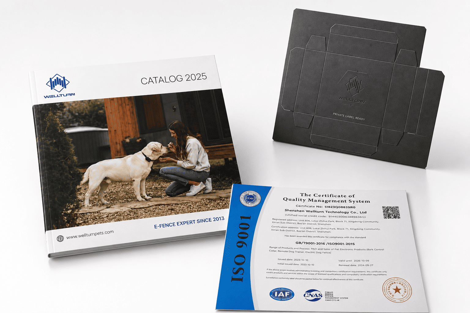 Curated flat-lay of an open English product manual, packaging dieline artwork, and a compliance certificate on a clean light surface — representing launch-ready documentation provided with every Wellturn order.