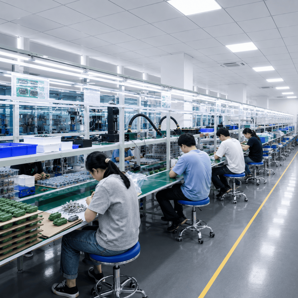 Wellturn electronics assembly team working on organized production lines in a clean, modern manufacturing facility, demonstrating efficient production capacity and reliable manufacturing operations.