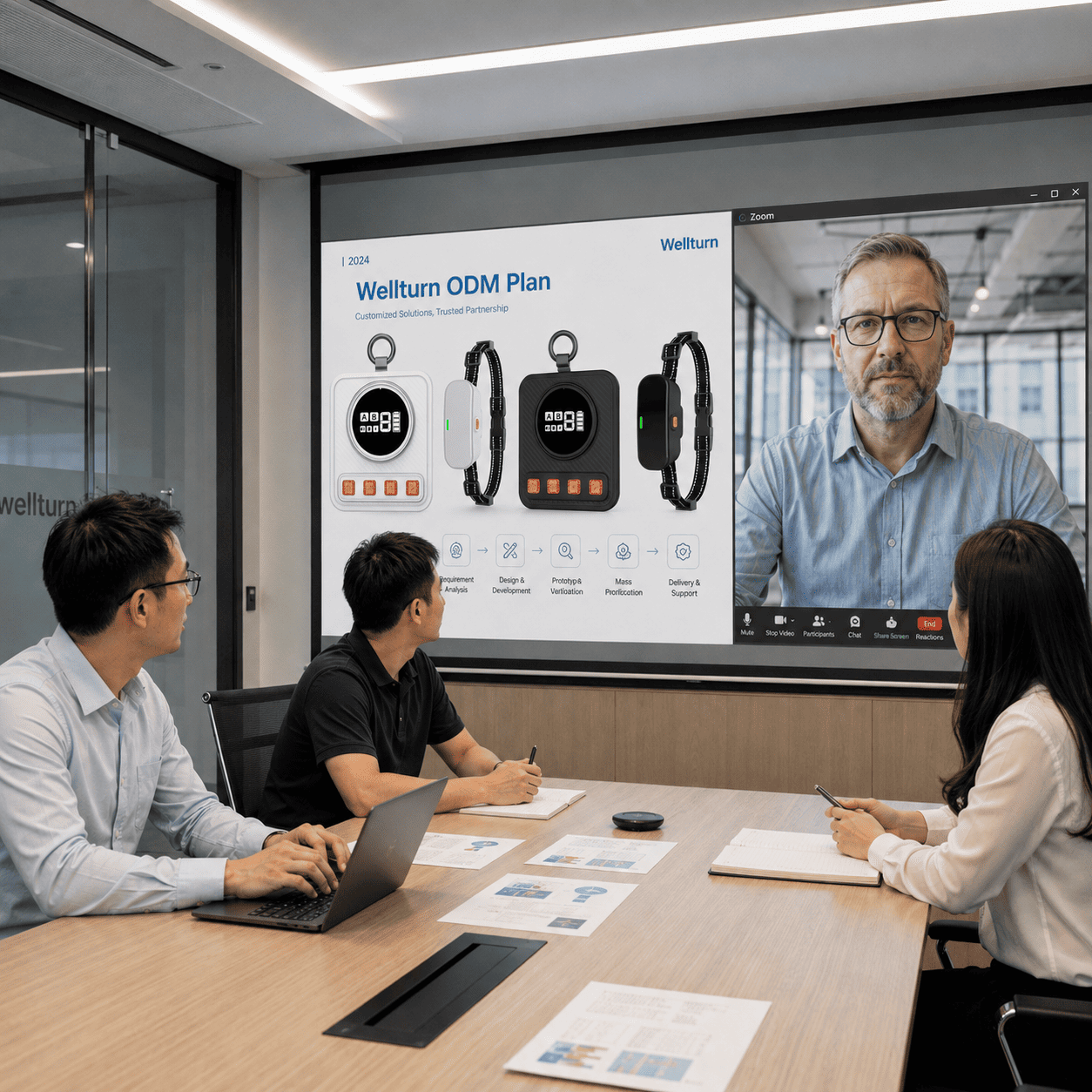 Wellturn ODM project meeting with three team members reviewing an electronic pet collar development plan while discussing progress with an overseas client via Zoom.