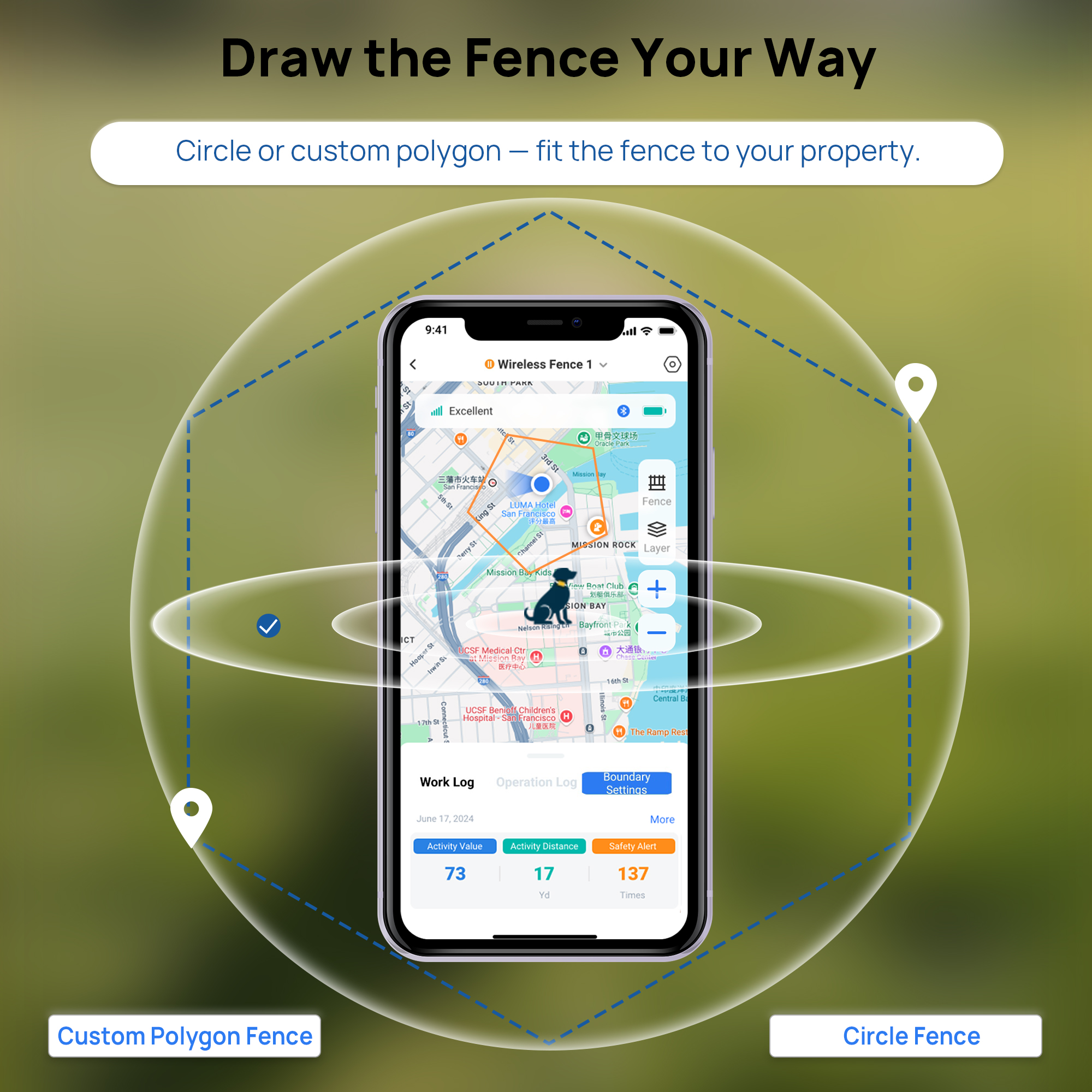 F870 GPS Wireless Dog Fence App Showing Custom Polygon and Circular Virtual Boundary Options